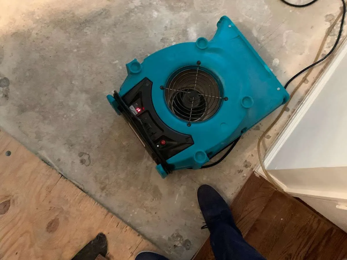Air mover drying subfloor during Commercial Water Damage Restoration in Senoia